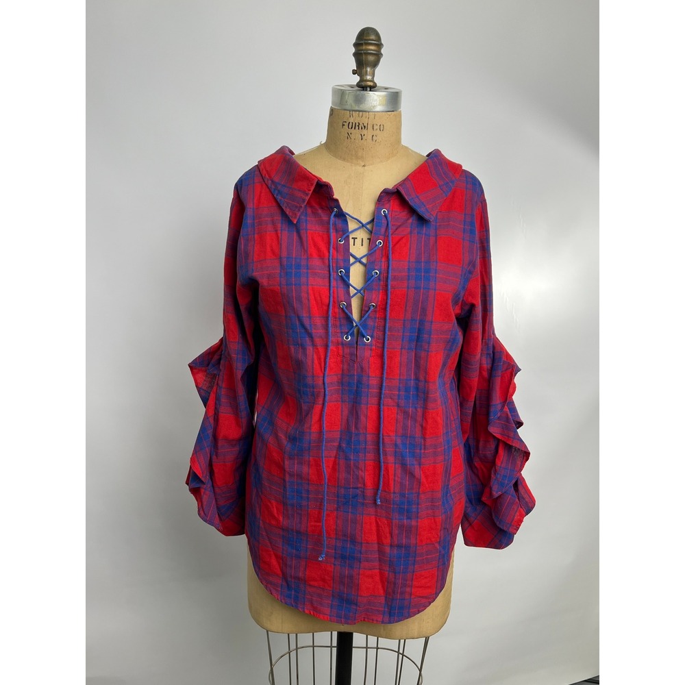 Jealous Tomato Red Blue Plaid Lace Up Ruffle Sleeve Cotton Blouse Small JT6733
